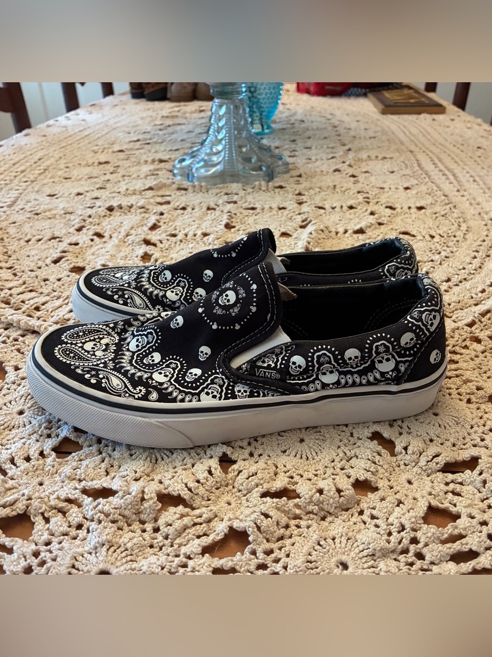 Vans Black and White Slip-On Sneakers with Skull Bandana Print - Picture 5 of 8